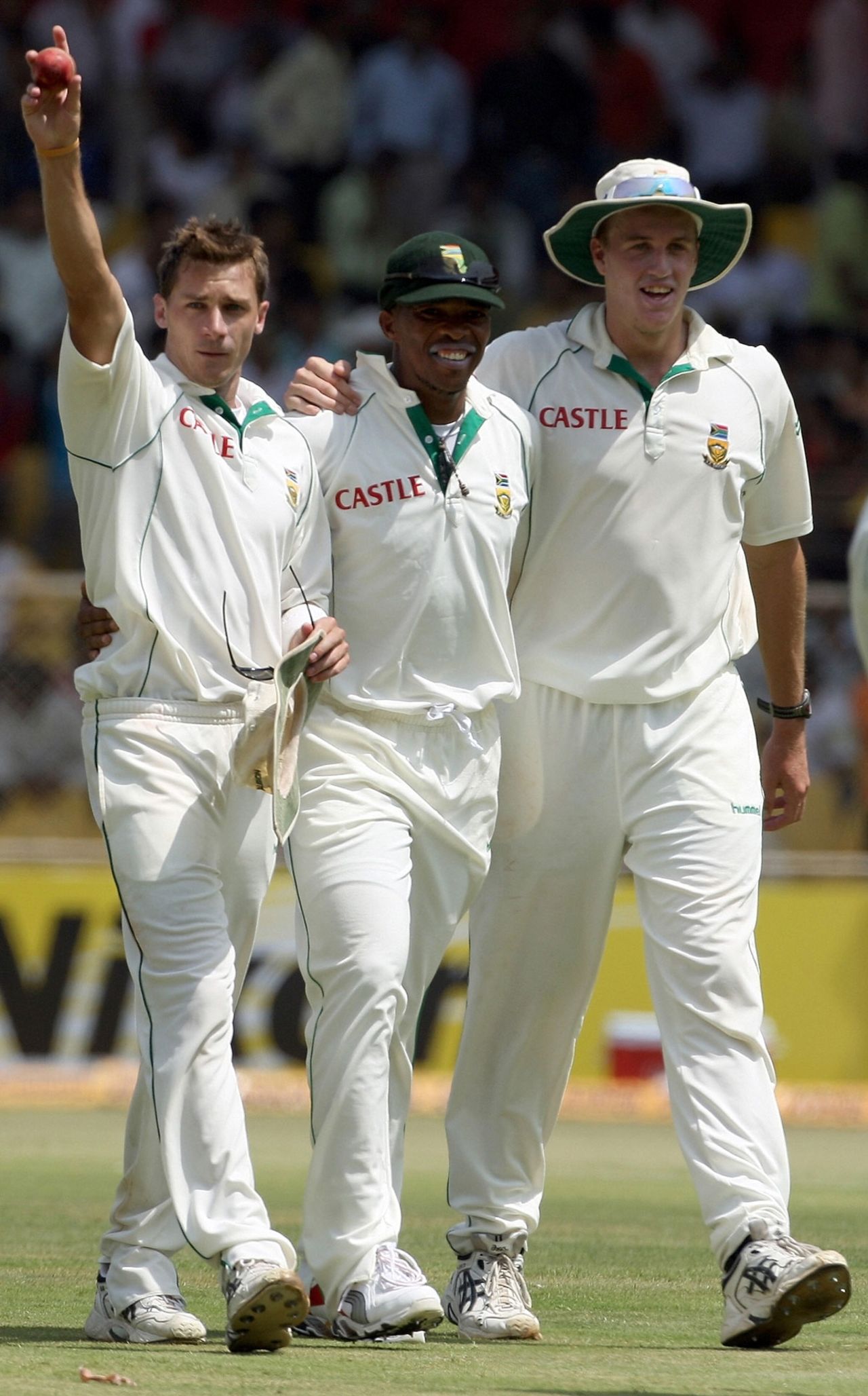 Dale Steyn, Makhaya Ntini and Morne Morkel walk off after routing India, India v South Africa, 2nd Test, Ahmedabad, 1st day, April 3, 2008
