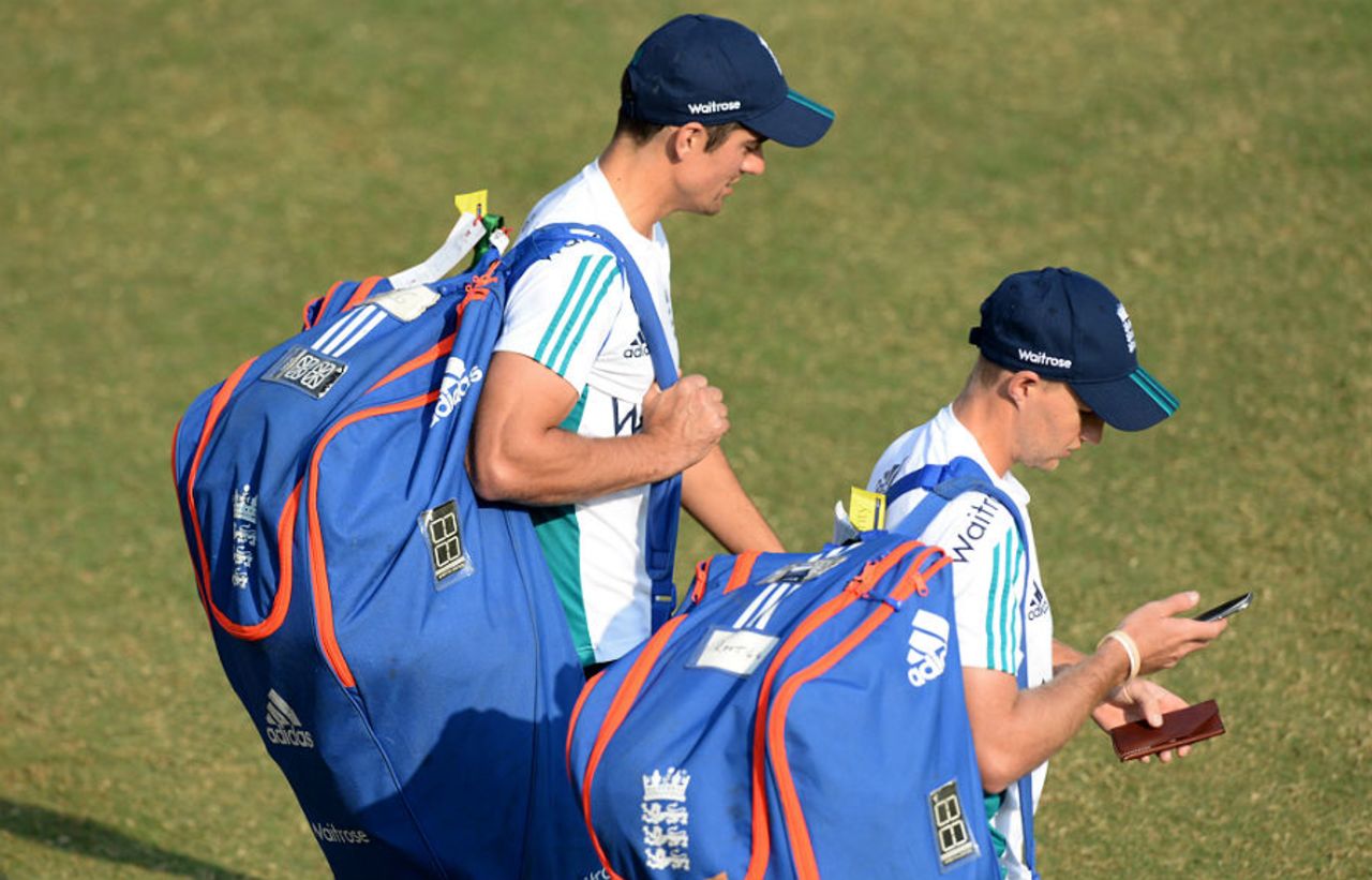 Alastair Cook and Joe Root head to the nets at the Brabourne Stadium, England tour of India, November 4, 2016