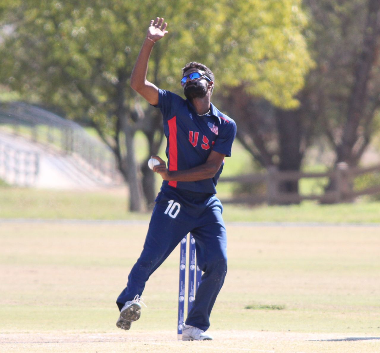 Prashanth Nair bowls during his spell of 3 for 42, USA v Jersey, ICC World Cricket League Division Four, Los Angeles, November 4, 2016