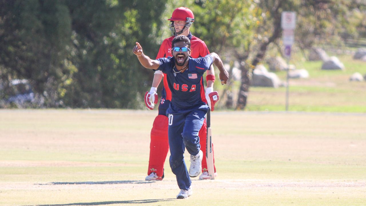 Prashanth Nair celebrates after taking the wicket of Nat Watkins, USA v Jersey, ICC World Cricket League Division Four, Los Angeles, November 4, 2016
