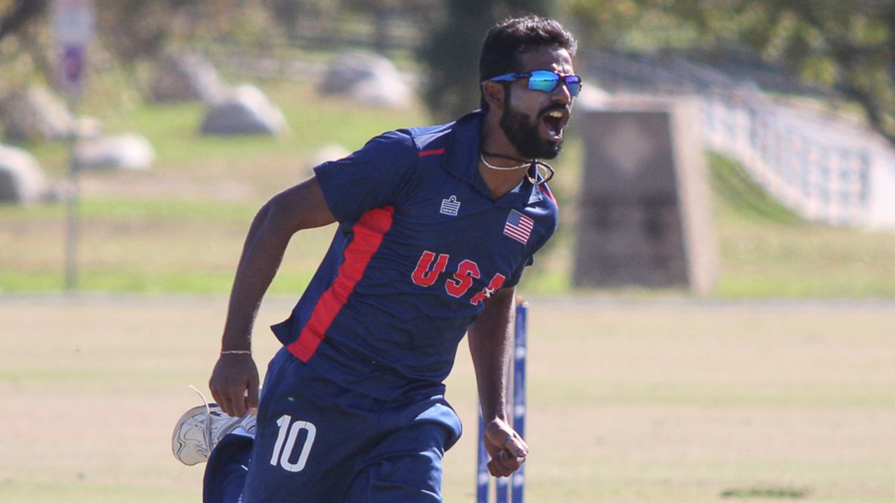 Prashanth Nair runs off to high-five Nicholas Standford after taking the wicket of Nat Watkins, USA v Jersey, ICC World Cricket League Division Four, Los Angeles, November 4, 2016