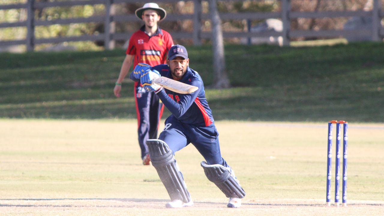 Alex Amsterdam drives through cover on his way to a century, USA v Jersey, ICC World Cricket League Division Four, Los Angeles, November 4, 2016
