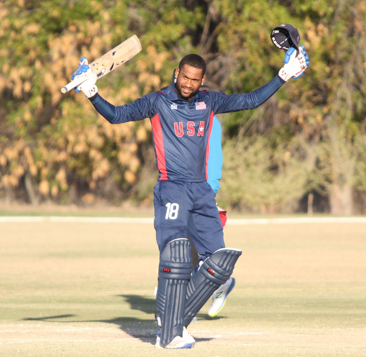 Alex Amsterdam salutes the USA bench after reaching 100, USA v Jersey, ICC World Cricket League Division Four, Los Angeles, November 4, 2016
