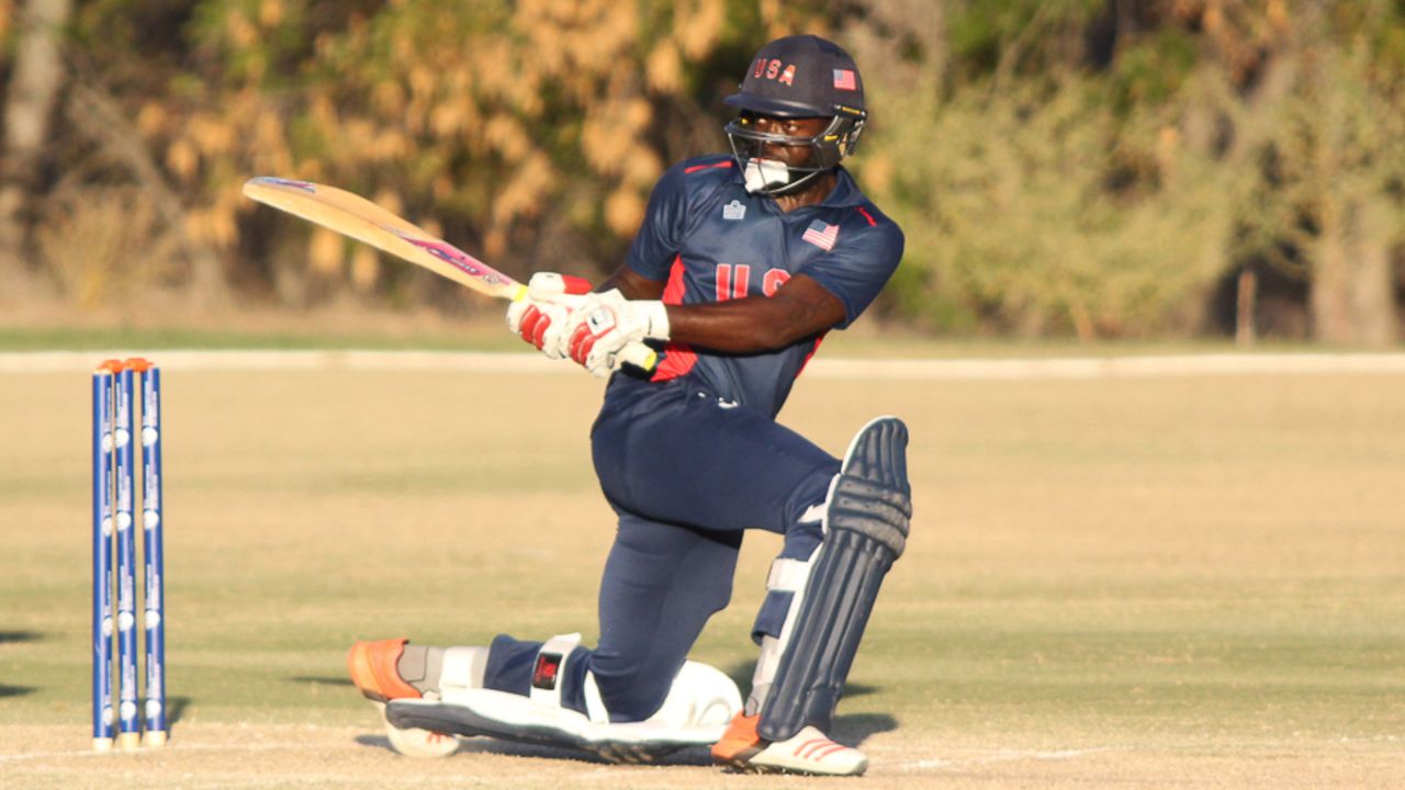 Nicholas Standford reverse sweeps Rhys Palmer for a boundary, USA v Jersey, ICC World Cricket League Division Four, Los Angeles, November 4, 2016