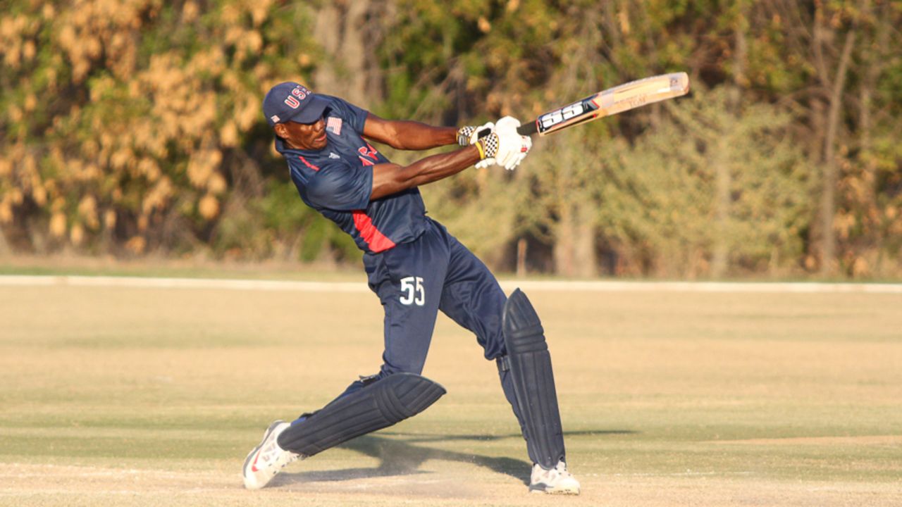 Elmore Hutchinson drives Rhys Palmer for six over long-off, USA v Jersey, ICC World Cricket League Division Four, Los Angeles, November 4, 2016