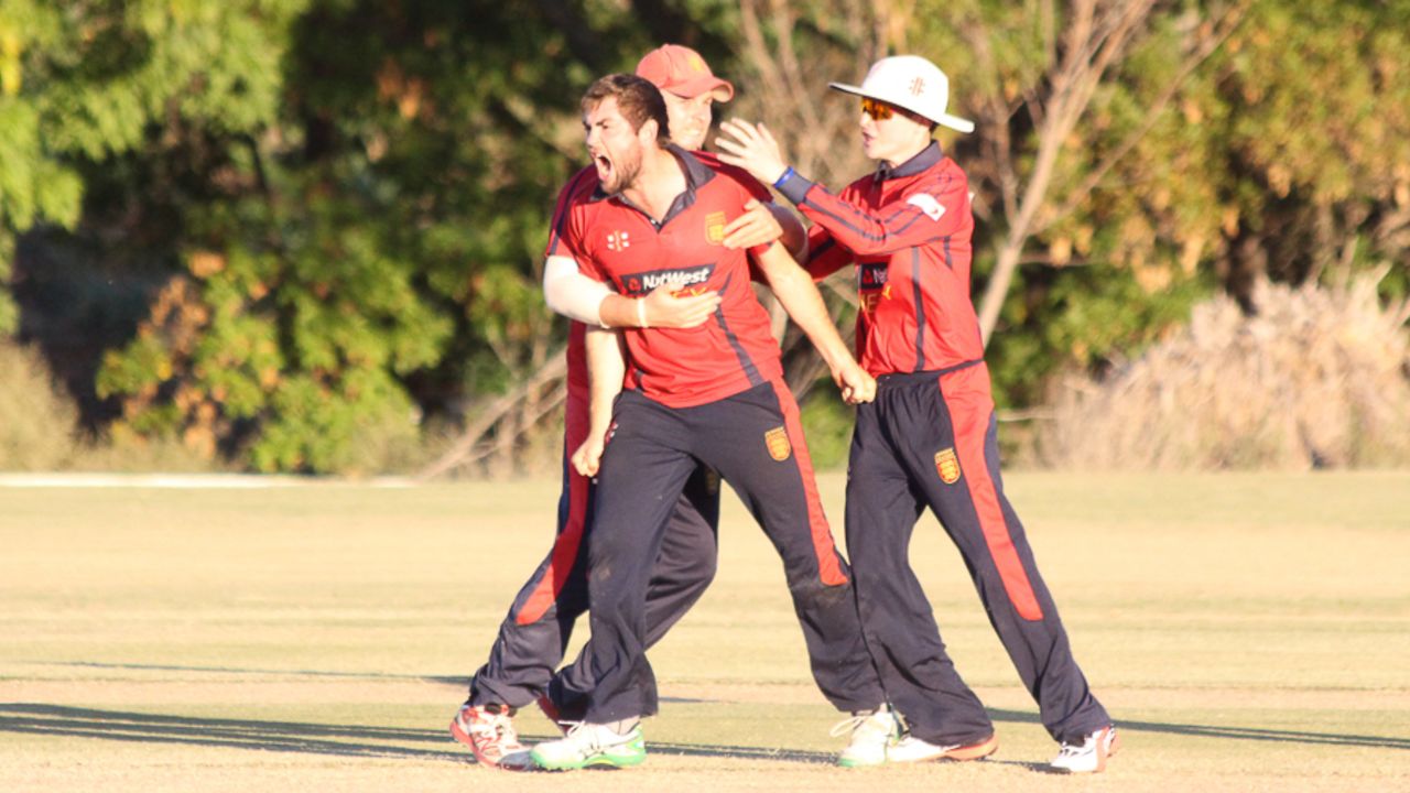 Charles Perchard celebrates after taking the wicket of Prashanth Nair, USA v Jersey, ICC World Cricket League Division Four, Los Angeles, November 4, 2016