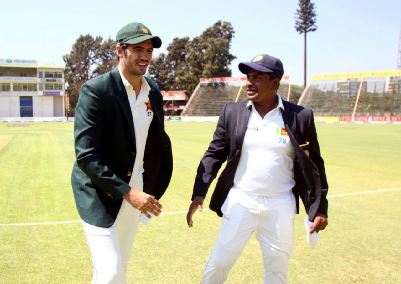 Graeme Cremer and Rangana Herath at the toss, Zimbabwe v Sri Lanka, second Test, Harare, 1st day, November 6, 2016
