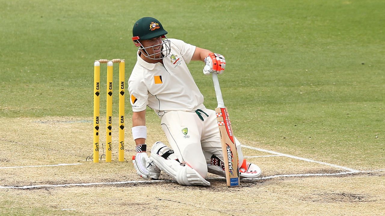 David Warner kneels on the pitch and stretches, Australia v South Africa, 1st Test, Perth, 4th day, November 6, 2016