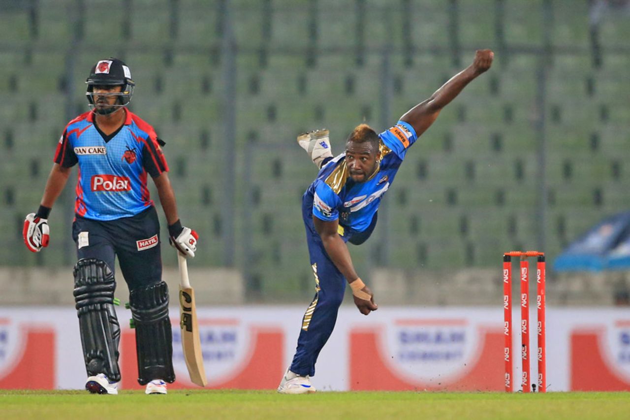 Andre Russell follows through after a delivery, Barisal Bulls v Dhaka Dynamites, BPL, Mirpur, November 8, 2016