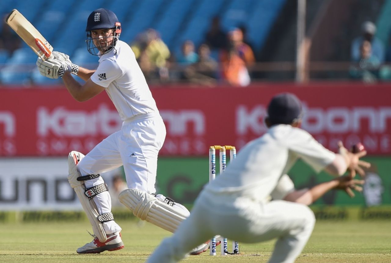 Alastair Cook was dropped by Ajinkya Rahane at gully in the third ball of the morning, India v England, 1st Test, Rajkot, 1st day, November 9, 2016