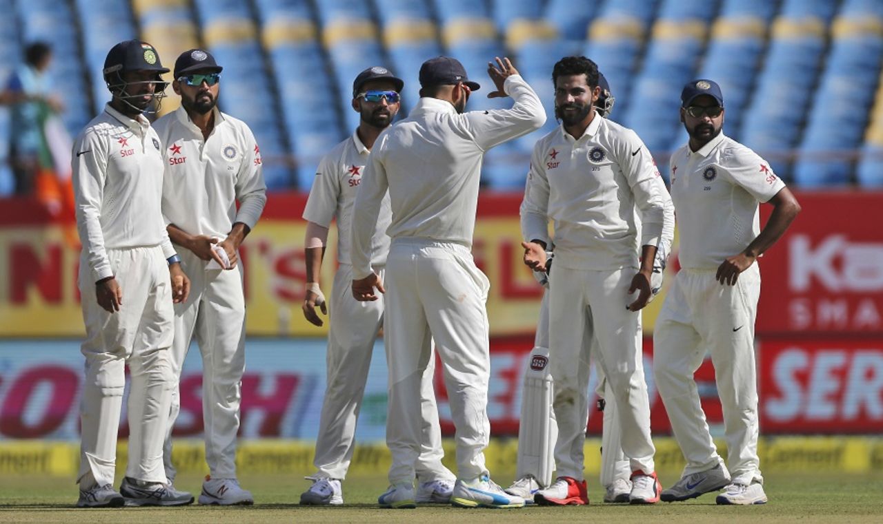 Ravindra Jadeja gave India their opening breakthrough by dismissing Alastair Cook, India v England, 1st Test, Rajkot, 1st day, November 9, 2016