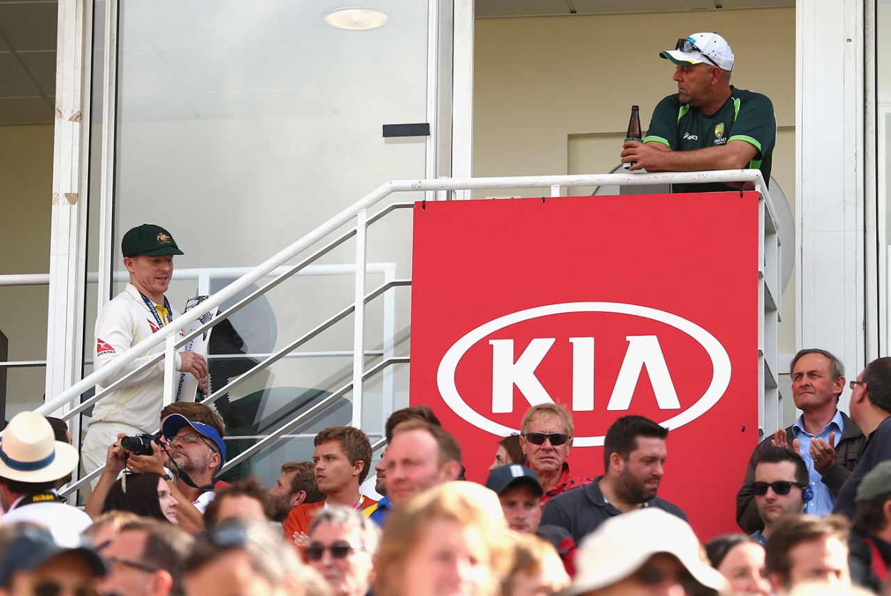 Chris Rogers and Darren Lehmann look on during the presentations, England v Australia, fifth Test, day four, The Oval, August 23, 2015
