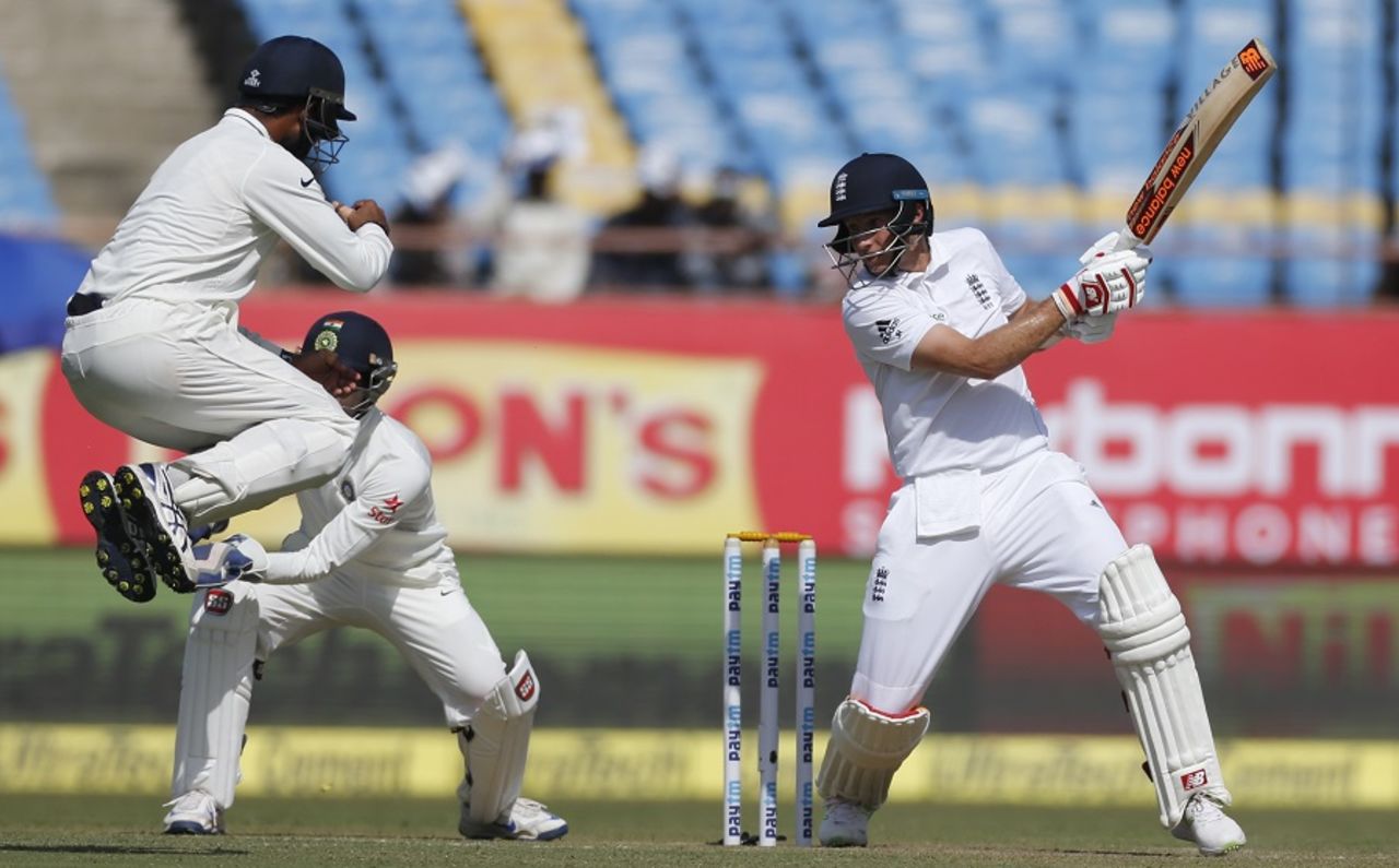 Joe Root slashes at a ball outside off stump, India v England, 1st Test, Rajkot, 1st day, November 9, 2016
