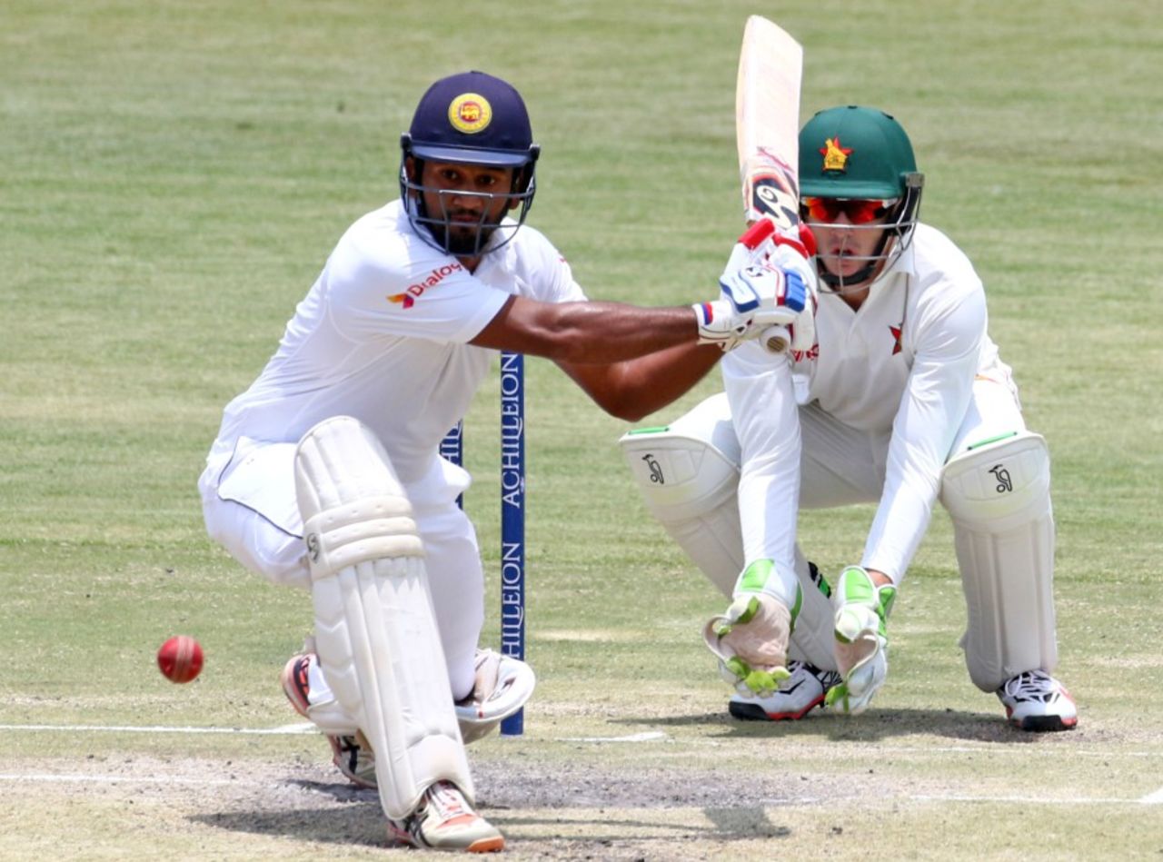 Dimuth Karunaratne shapes for a sweep, Zimbabwe v Sri Lanka, 2nd Test, Harare, 4th day, November 9, 2016