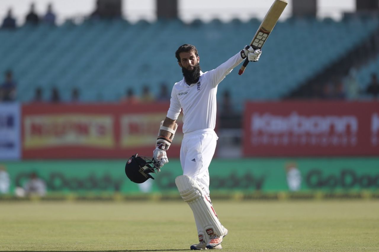 Moeen Ali completed his century off the third ball of the morning, India v England, 1st Test, Rajkot, 2nd day, November 10, 2016