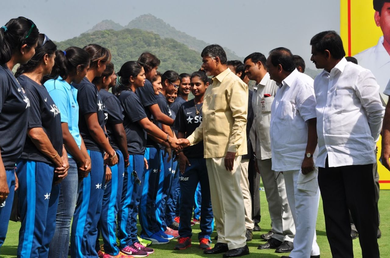 Andhra Pradesh chief minister Chandrababu Naidu greets the India Women's team at the inauguration of the Gokaraju Liala Gangaaraju ACA Cricket Ground, Mulapadu, November 9, 2016