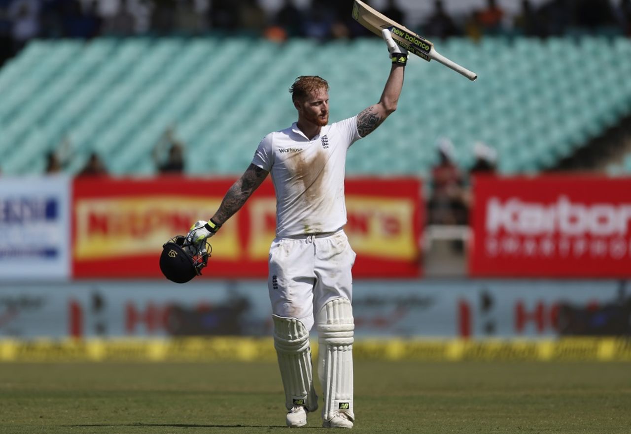 Ben Stokes became the third centurion of the England innings, India v England, 1st Test, Rajkot, 2nd day, November 10, 2016