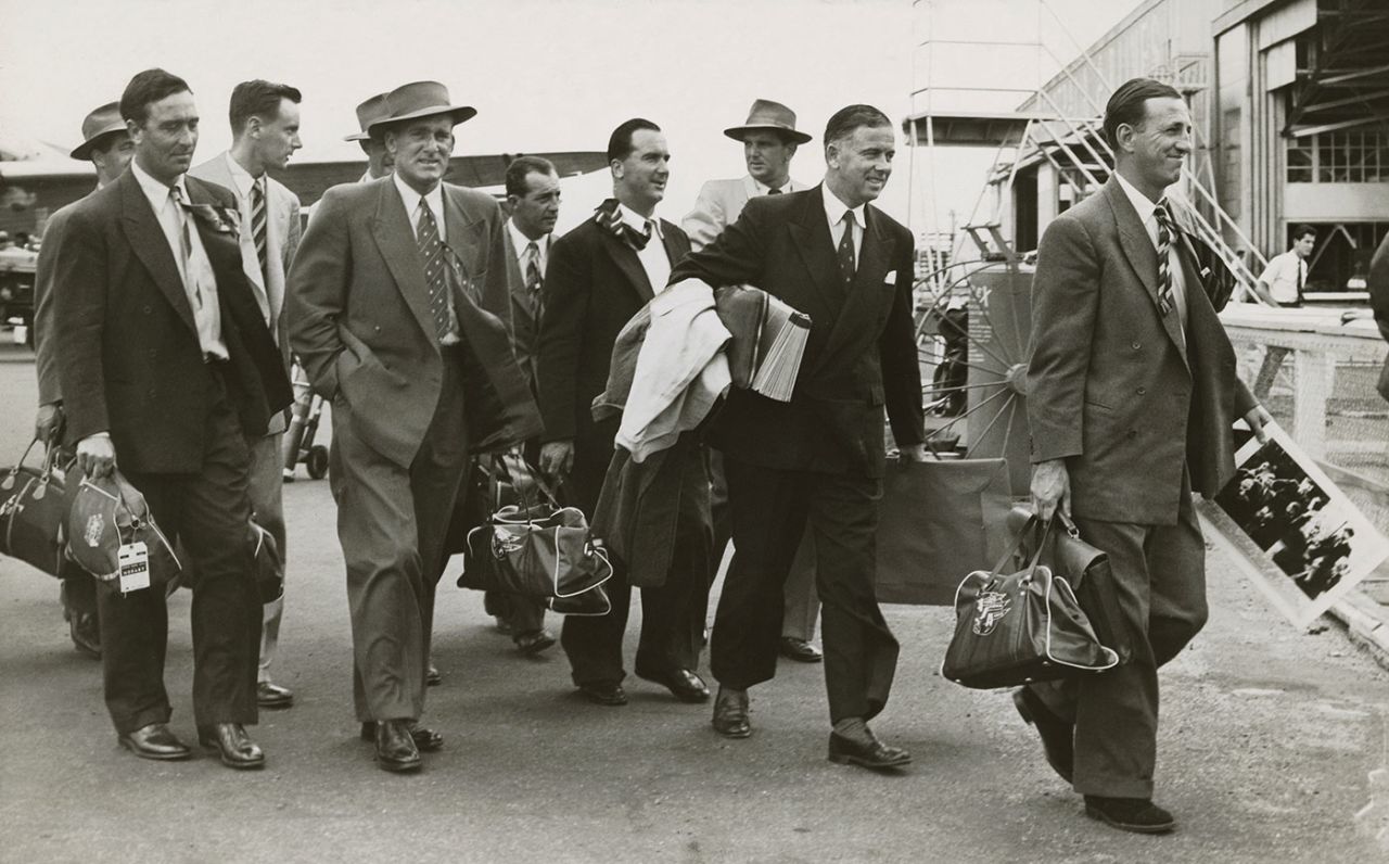 The England team arrives at the Essendon airport, February 8, 1955