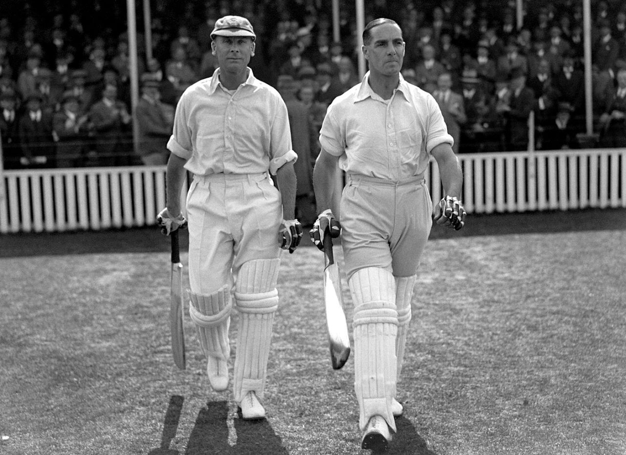 Jack Hobbs and Herbert Sutcliffe walk out to bat, England v Australia, 5th Test, The Oval, 1st day, August 16, 1930
