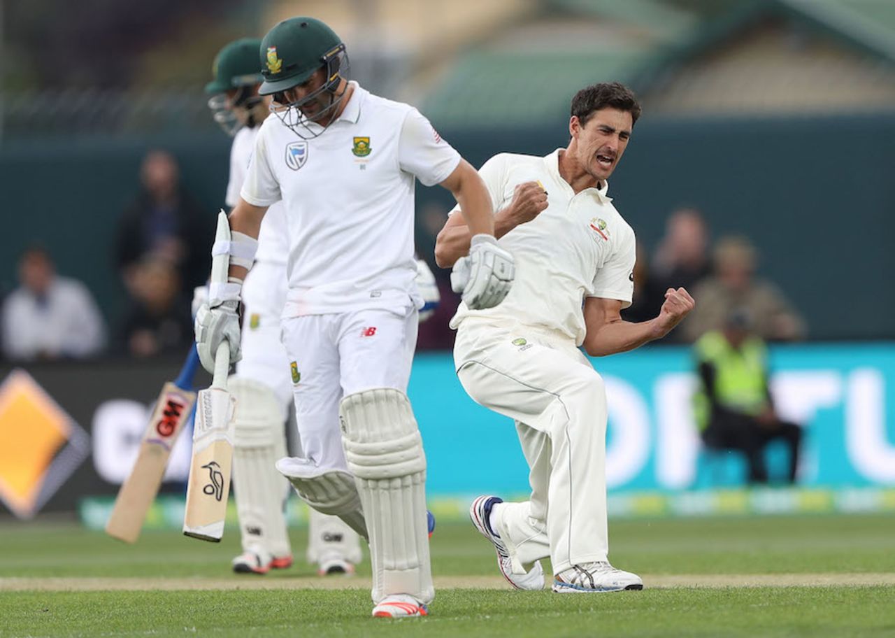 Mitchell Starc had Dean Elgar lbw for a yorker, Australia v South Africa, 2nd Test, Hobart, 1st day, November 12, 2016