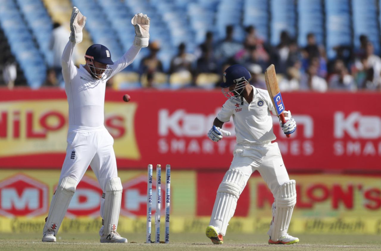 Ajinkya Rahane is bowled by Zafar Ansari, India v England, 1st Test, Rajkot, 4th day, November 12, 2016