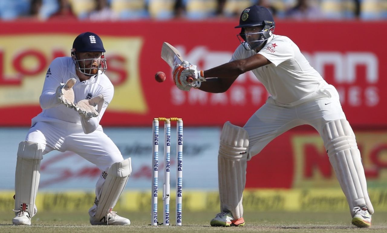 R Ashwin backs away to slap one, India v England, 1st Test, Rajkot, 4th day, November 12, 2016