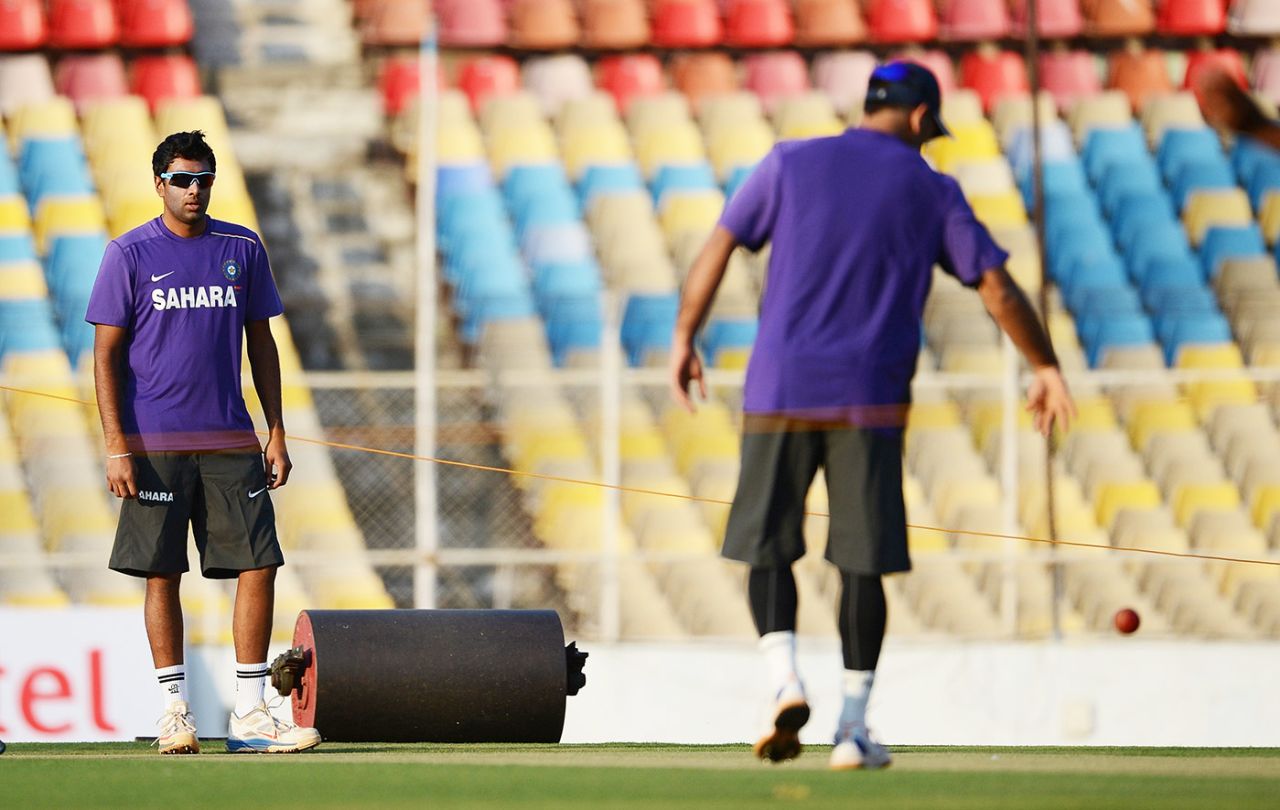 R Ashwin looks at the pitch during a training session ahead of the first Test against England, Motera, Ahmedabad, November 12, 2012