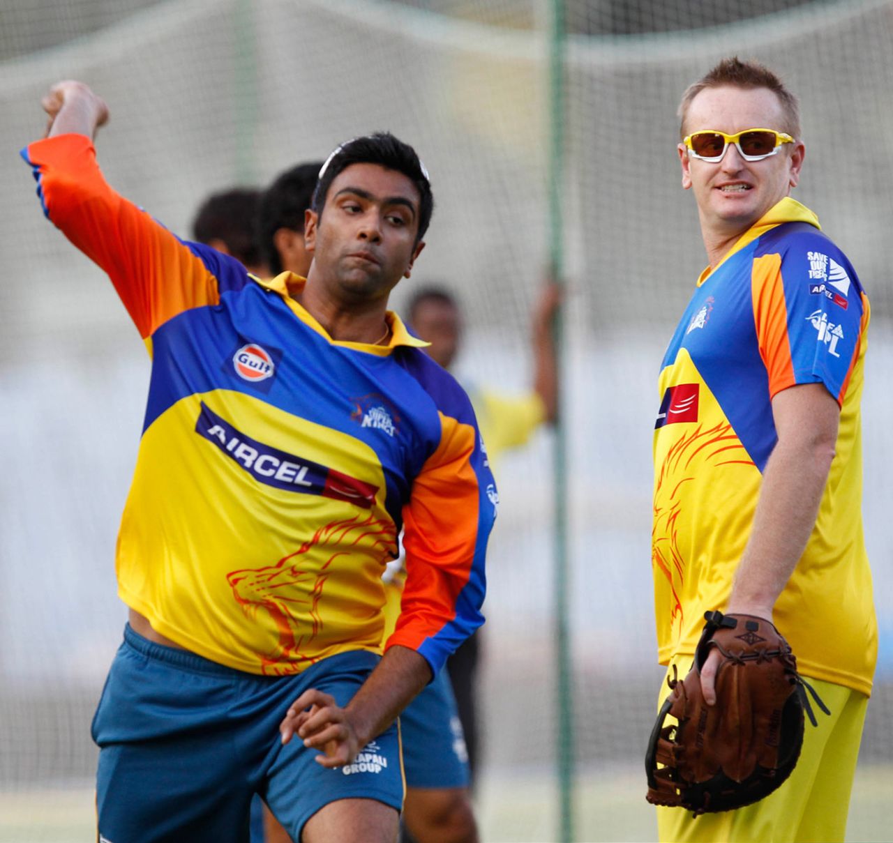 R Ashwin bowls at a practice session ahead of the IPL as Scott Styris looks on, Chennai, April 2, 2012