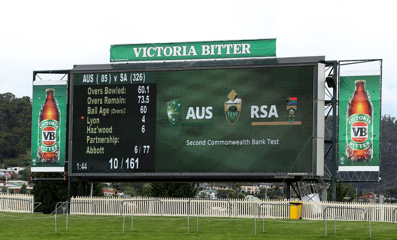 The giant screen at the Bellerive Oval displays the result, Australia v South Africa, 2nd Test, Hobart, 4th day, November 15, 2016