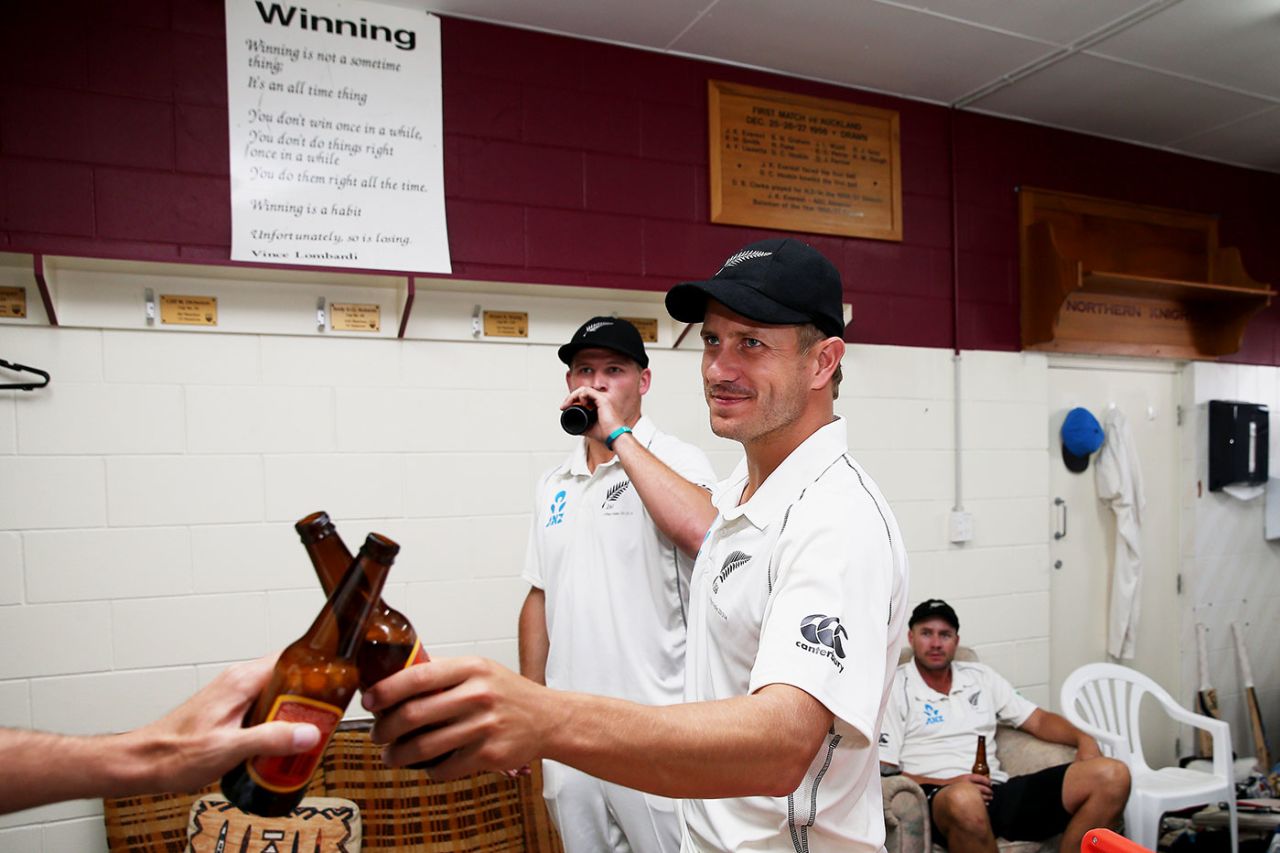 Neil Wagner celebrates the win with his team-mates, New Zealand v West Indies, 3rd Test, Hamilton, 4th day, December 22, 2013