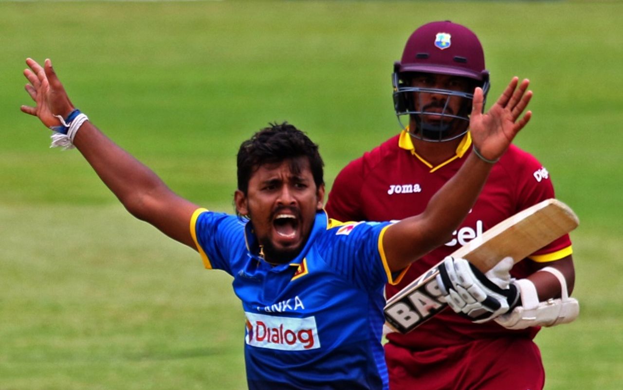 Suranga Lakmal appeals for a wicket, Sri Lanka v West Indies, Zimbabwe tri-series, Harare, November 16, 2016