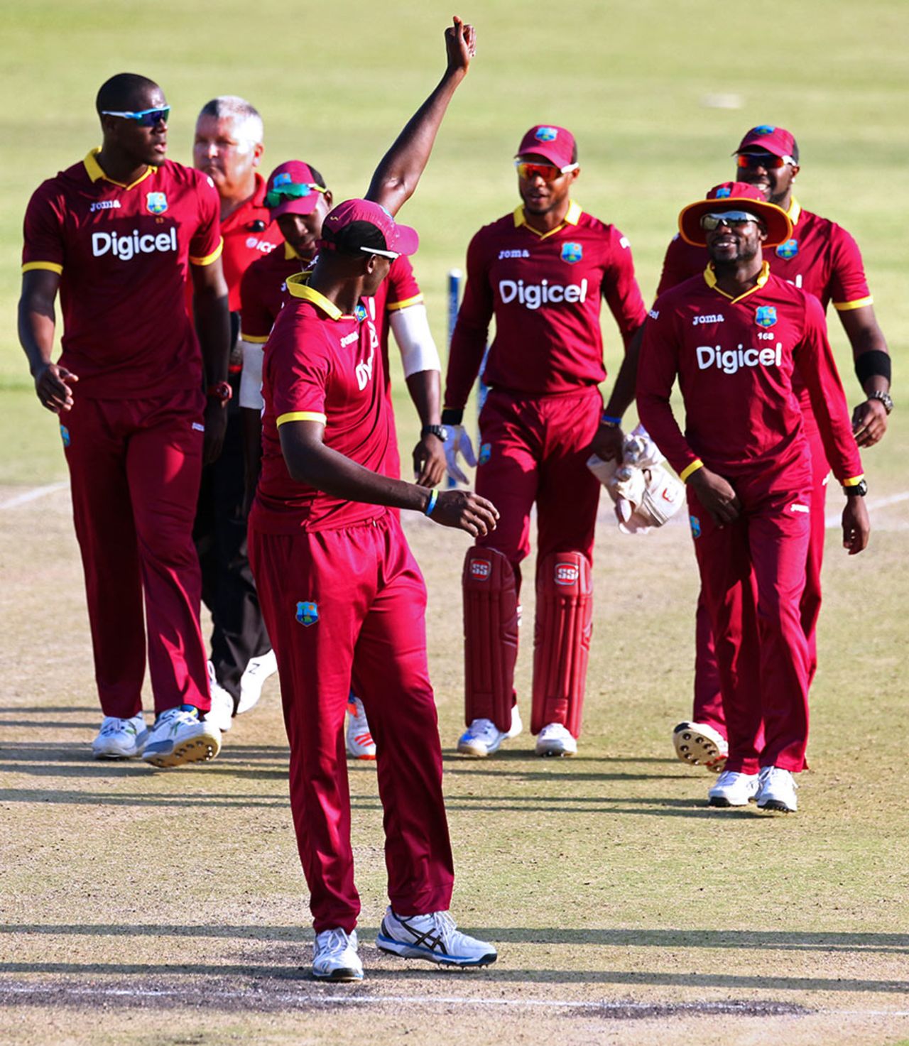 Jason Holder leads West Indies off the field after their 62-run win, Sri Lanka v West Indies, Zimbabwe tri-series, Harare, November 16, 2016