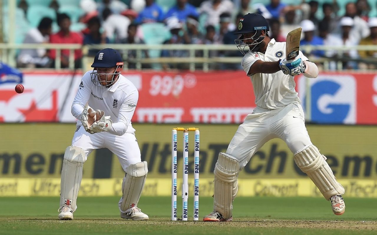 Cheteshwar Pujara cuts through the off side, India v England, 2nd Test, Visakhapatnam, 1st day, November 17, 2016