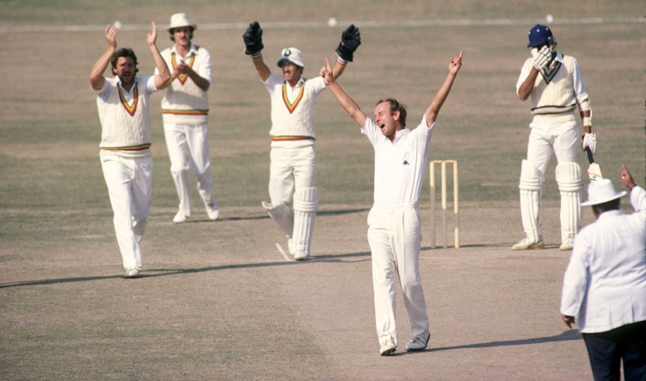 Derek Underwood celebrates the wicket of Kirti Azad, India v England, 1st Test, Bombay, 1st day, November 27, 1981