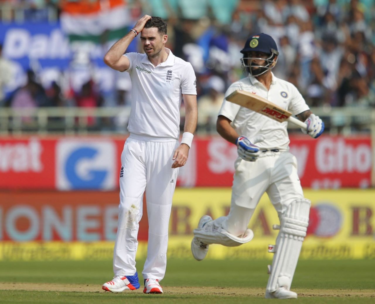 James Anderson looks on after Virat Kohli hits him for a four, India v England, 2nd Test, Vishakapatnam, 1st day, November 17, 2016