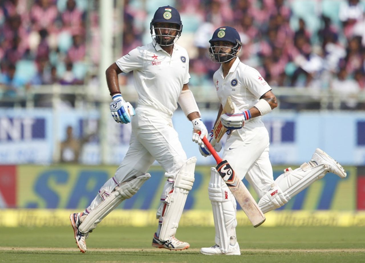 Cheteshwar Pujara and Virat Kohli complete a run, India v England, 2nd Test, Vishakapatnam, 1st day, November 17, 2016