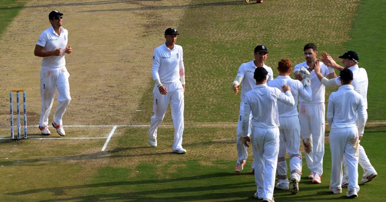 James Anderson celebrates with team-mates after dismissing Cheteshwar Pujara with the new ball, India v England, 2nd Test, Viskhakapatnam, 1st day, November 17, 2016