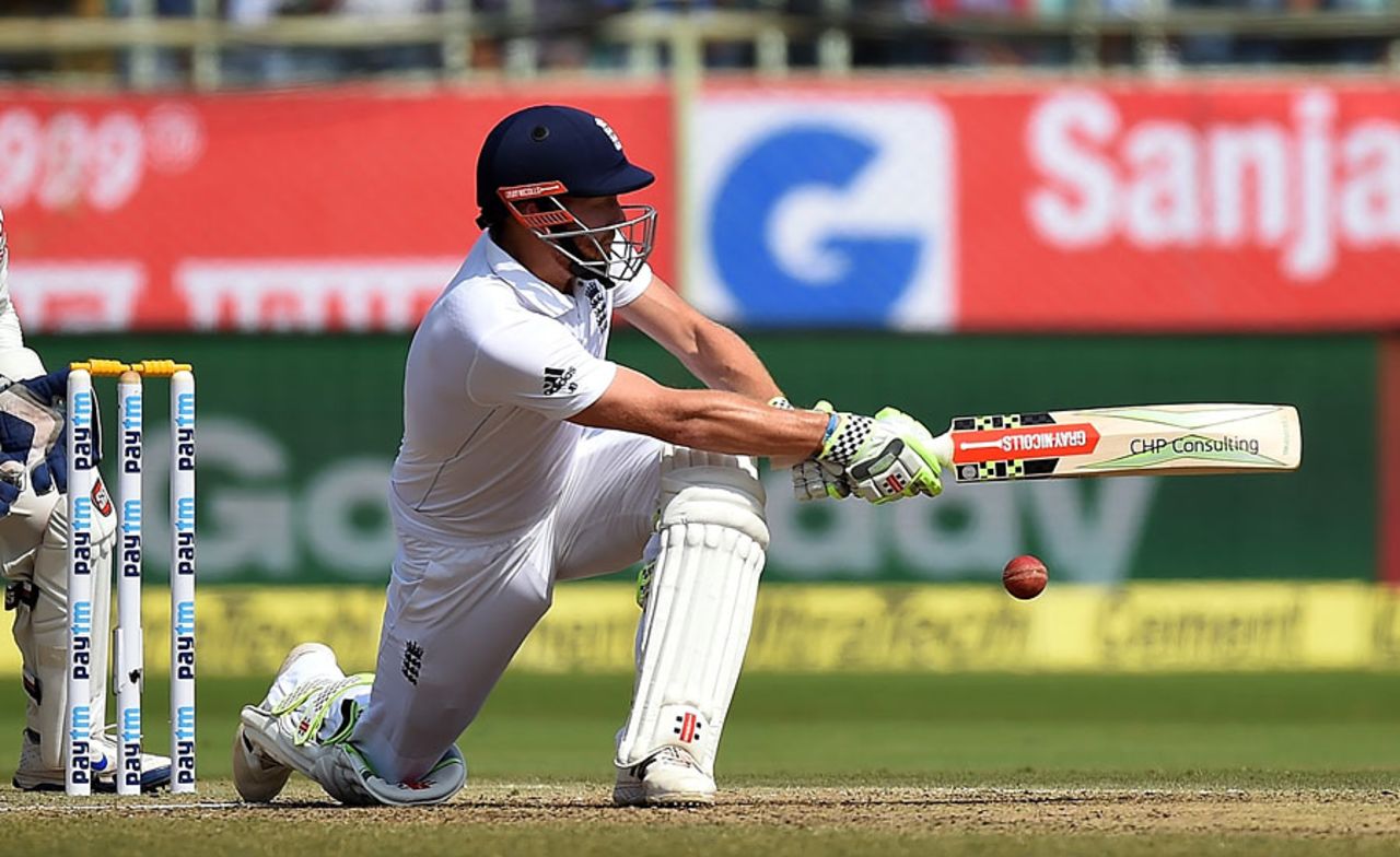 Jonny Bairstow sweeps during his half-century, India v England, 2nd Test, Visakhapatnam, 3rd day, November 19, 2016