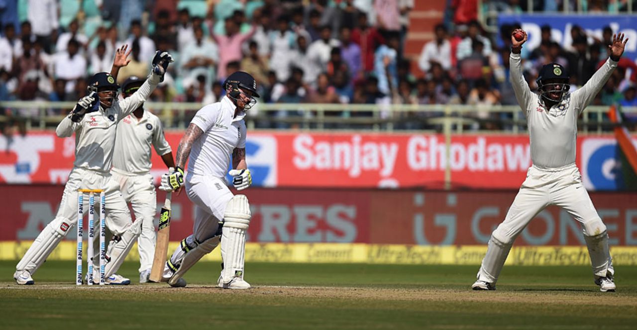 Cheteshwar Pujara appeals for a catch but Ben Stokes was out lbw, India v England, 2nd Test, Visakhapatnam, 3rd day, November 19, 2016
