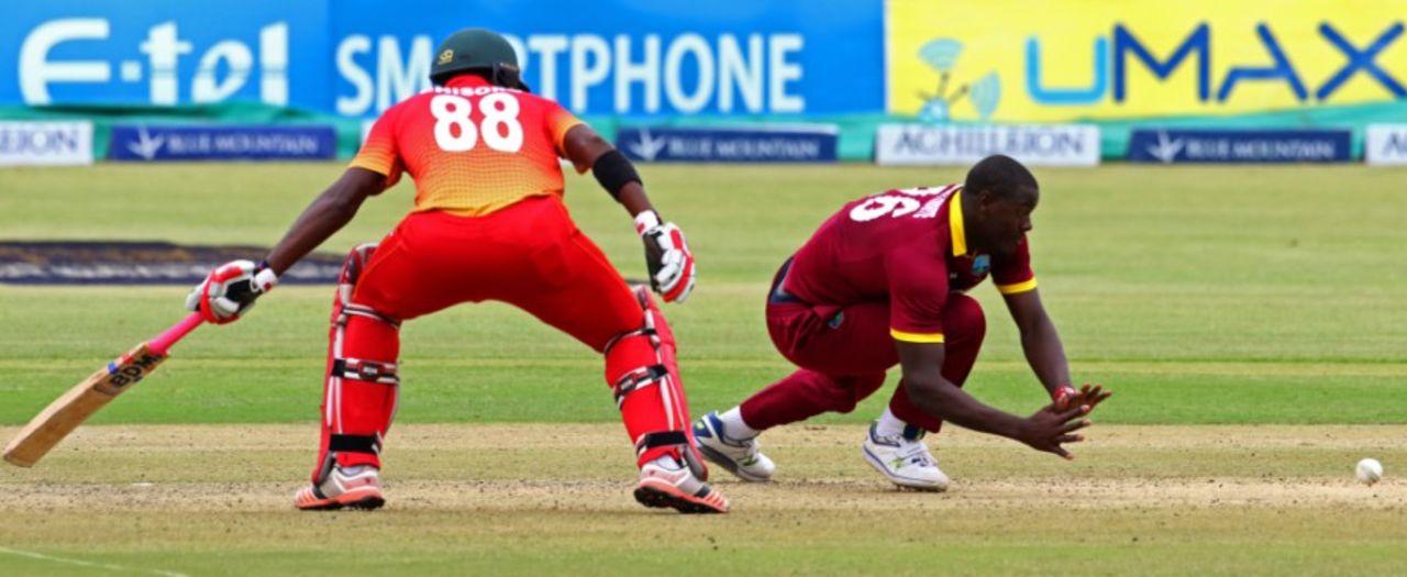 Carlos Brathwaite stops a ball in the final over, Zimbabwe v West Indies, tri-nation series, Bulawayo, November 19, 2016