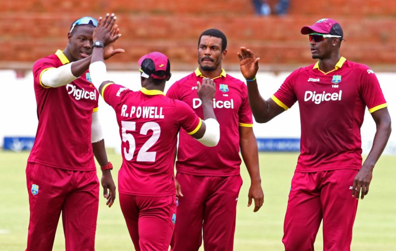 The West Indies players celebrate a wicket, Zimbabwe v West Indies, tri-nation series, Bulawayo, November 19, 2016