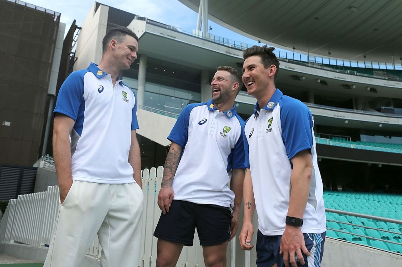 Peter Handscomb, Matthew Wade and Nic Maddinson after being called into Australia's Test squad, Sydney, November 20, 2016