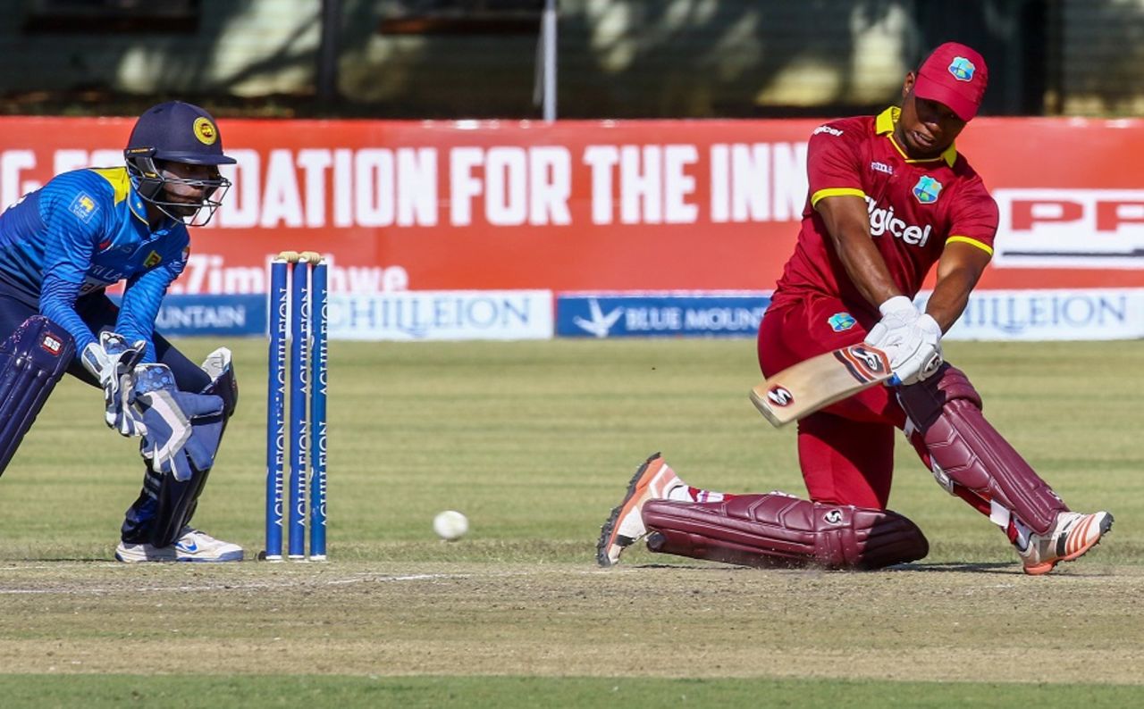 Evin Lewis sweeps during his maiden ODI ton, Sri Lanka v West Indies, tri-series, Bulawayo, November 23, 2016
