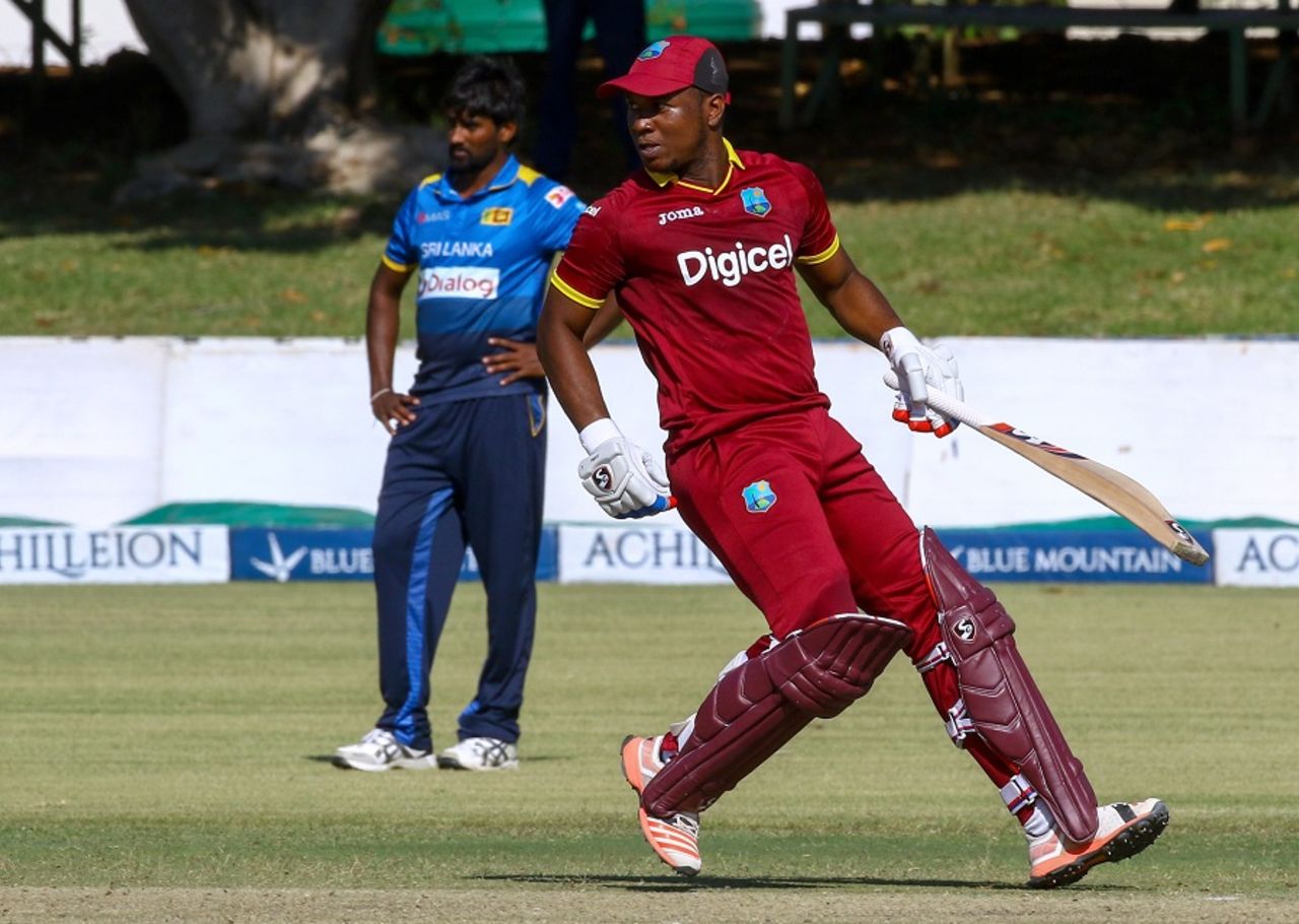 Evin Lewis completes a run en route to his 148, Sri Lanka v West Indies, tri-series, Bulawayo, November 23, 2016