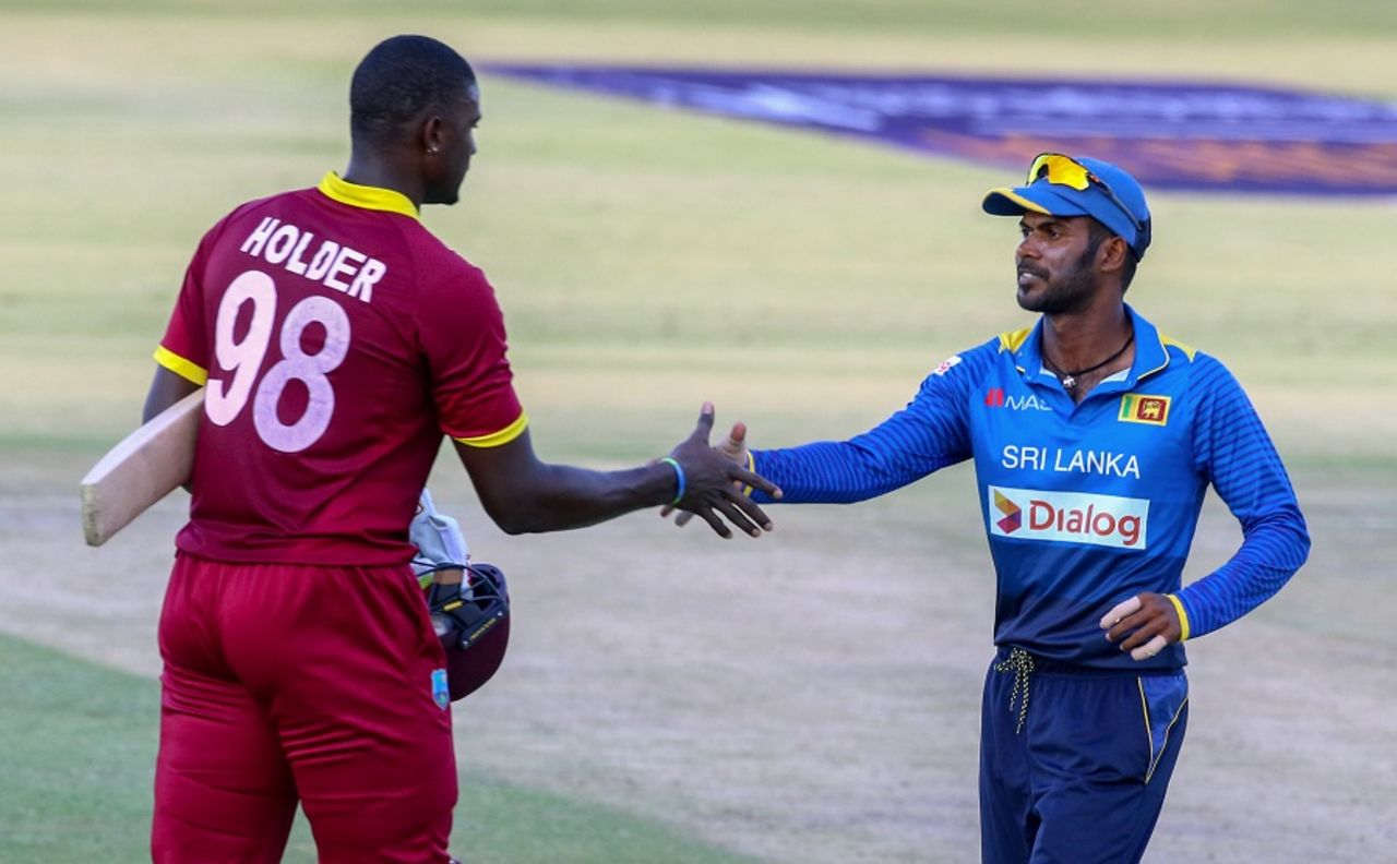 Jason Holder shakes hands with Upul Tharanga, Sri Lanka v West Indies, tri-series, Bulawayo, November 23, 2016