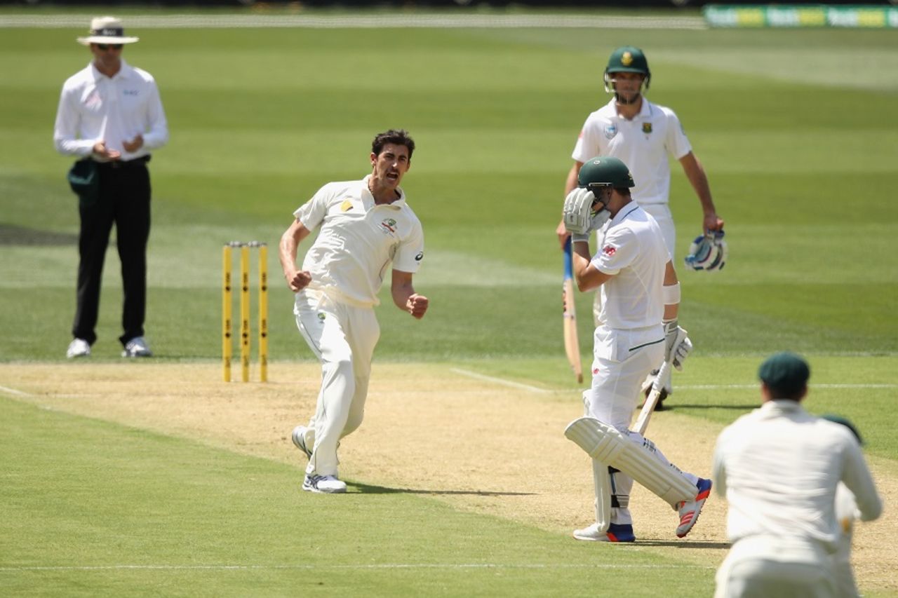 Mitchell Starc celebrates after Dean Elgar is caught at slip, Australia v South Africa, 3rd Test, Adelaide, 1st day, November 24, 2016