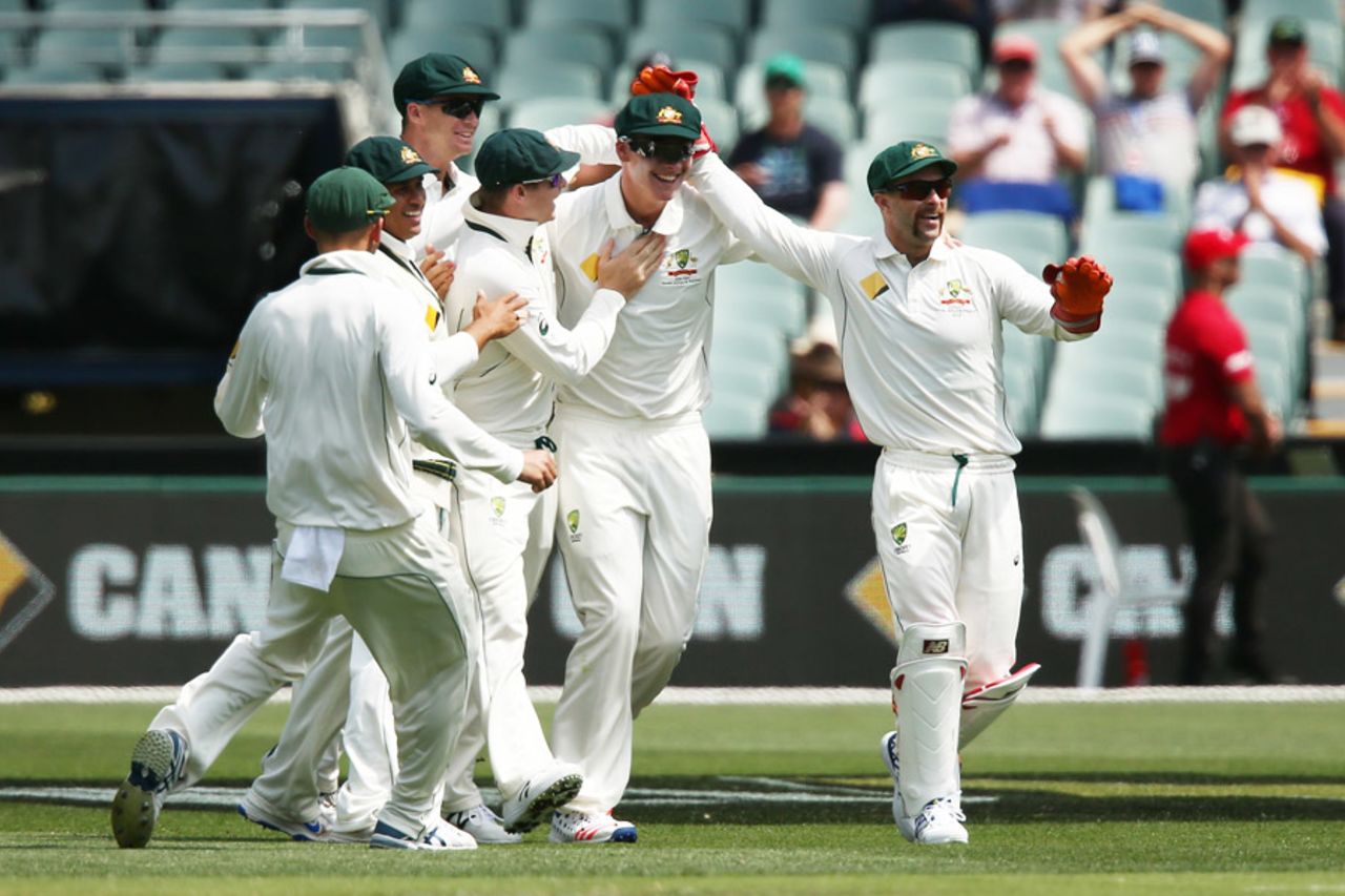 Matt Renshaw is congratulated by his teammates after taking his first catch in Tests, Australia v South Africa, 3rd Test, Adelaide, 1st day, November 24, 2016