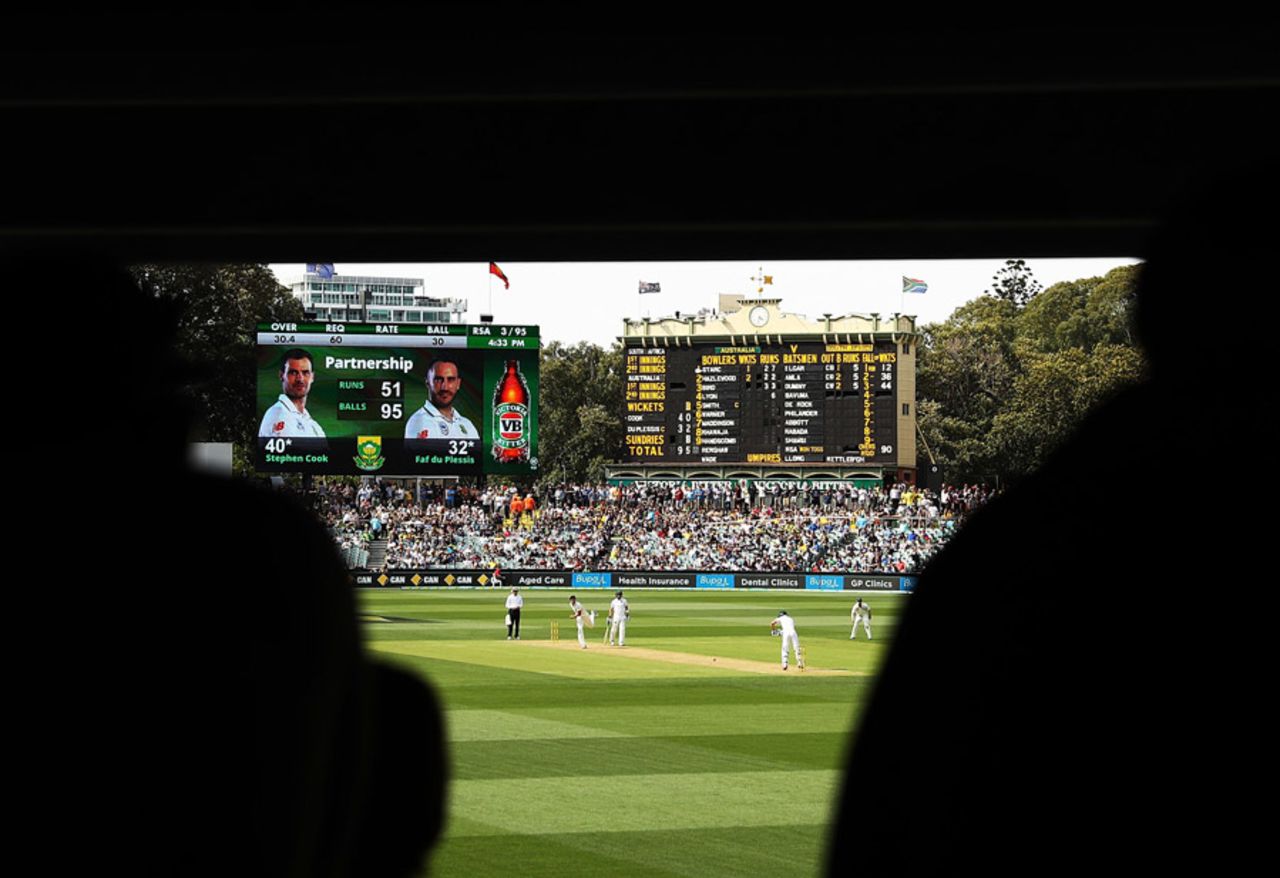 The digital scoreboard shows the fifty partnership between Stephen Cook and Faf du Plessis, Australia v South Africa, 3rd Test, Adelaide, 1st day, November 24, 2016