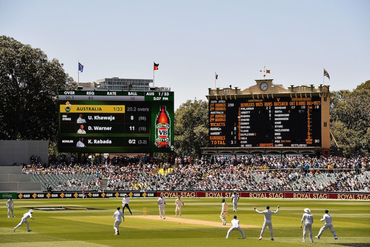 The traditional and the modern scoreboards at Adelaide Oval, Australia v South Africa, 3rd Test, Adelaide, 2nd day, November 25, 2016