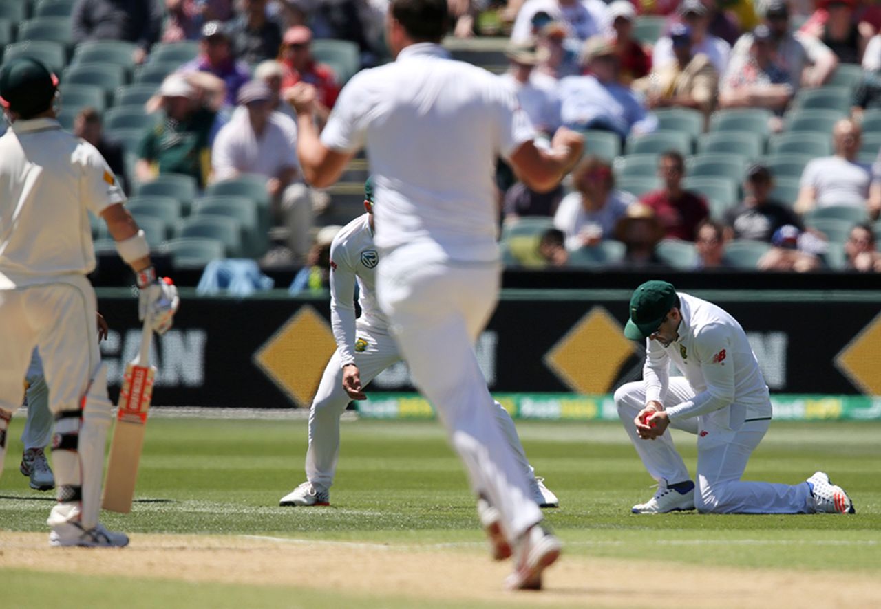 Dean Elgar pouches a catch to dismiss David Warner, Australia v South Africa, 3rd Test, Adelaide, 2nd day, November 25, 2016